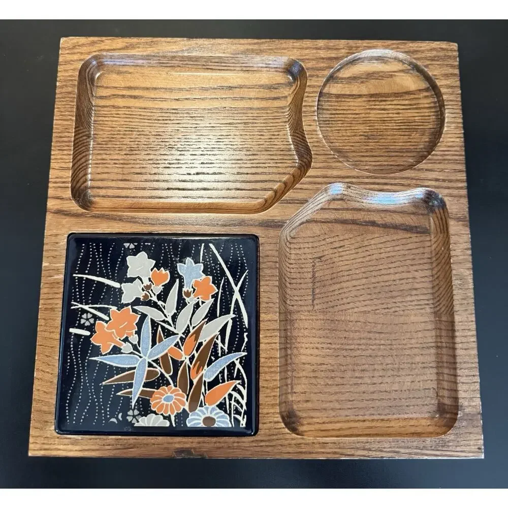 Vintage MCM Wooden Snack Serving Tray w/ Ceramic Tile Trivet 10x10